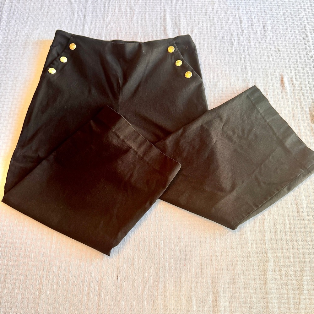 Chicos Black‎ Nautical Sailor Wide Leg Pants Gold Button High Waist Size 1.5 10